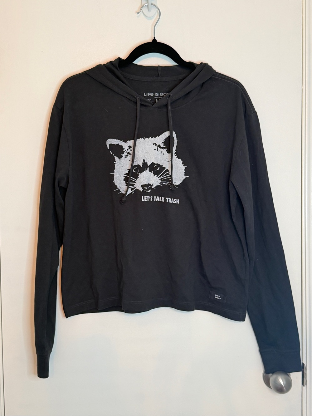 Life is Good Raccoon Graphic Hoodie - "Let's Talk Trash" crop long sleeve black